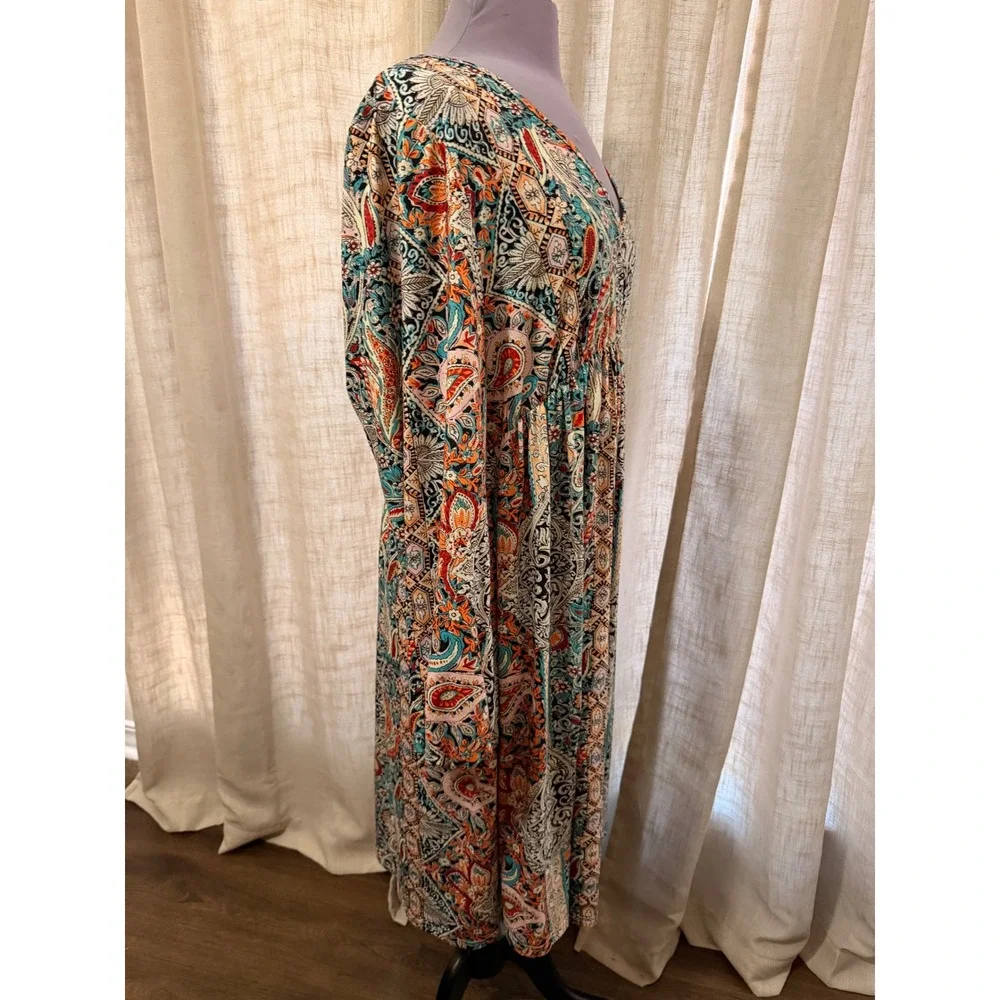 Womens Paisley Print Empire Waist V-Neck Long Sleeve Midi Dress Plus 2XL Boho - Picture 2 of 5